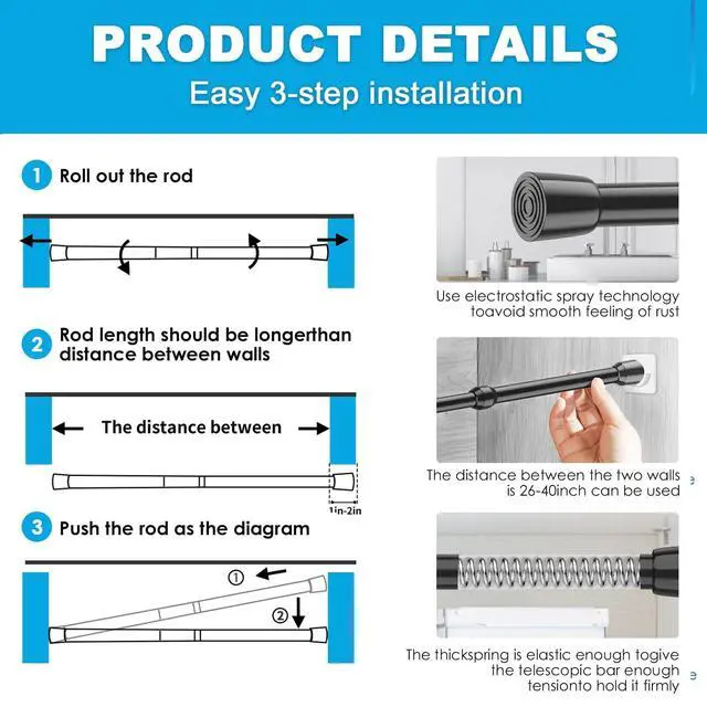 Alt view image 6 of 6 - 1Pack Spring Tension Curtain Rod 26-39 inch Black Adjustable Spring Rod Extendable Tension Rod For Kitchen, Bathroom, Window, Bookshelf, Closet