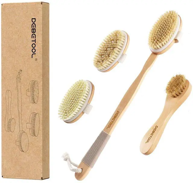 Main image of Dry Brushing Set - Natural Boar Bristle Body & Face Brush, Wooden Long Handle Scrub Brush for Cellulite & Lymphatic Drainage Body Care, Detachable, 3 Brush Heads
