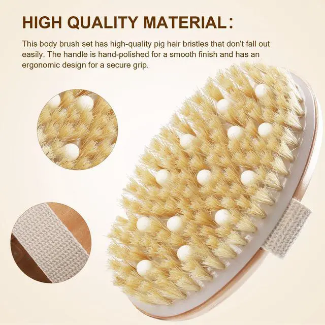 Alt view image 3 of 7 - Dry Brushing Set - Natural Boar Bristle Body & Face Brush, Wooden Long Handle Scrub Brush for Cellulite & Lymphatic Drainage Body Care, Detachable, 3 Brush Heads
