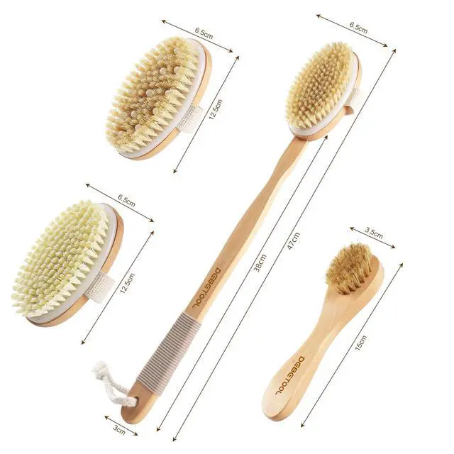 Alt view image 4 of 7 - Dry Brushing Set - Natural Boar Bristle Body & Face Brush, Wooden Long Handle Scrub Brush for Cellulite & Lymphatic Drainage Body Care, Detachable, 3 Brush Heads