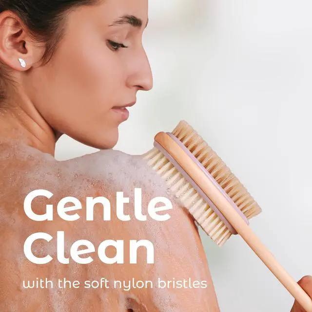 Alt view image 5 of 7 - Back Scrubber Shower Brush Long Handle Dual Sided Body Brush with Exfoliating Soft Bristles for Back Scrubbing Deep Cleaning and Body Wash (Lavender)