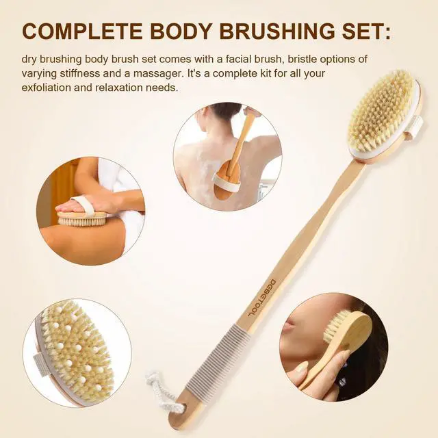 Alt view image 2 of 7 - Dry Brushing Set - Natural Boar Bristle Body & Face Brush, Wooden Long Handle Scrub Brush for Cellulite & Lymphatic Drainage Body Care, Detachable, 3 Brush Heads