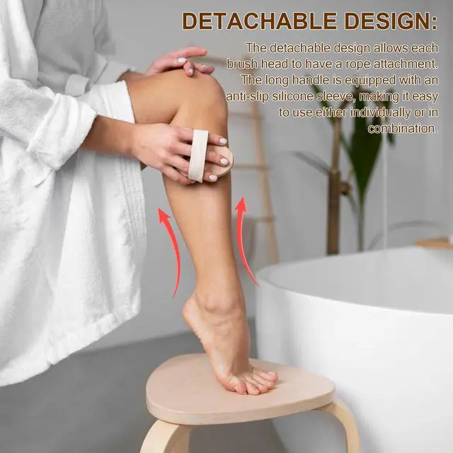 Alt view image 6 of 7 - Dry Brushing Set - Natural Boar Bristle Body & Face Brush, Wooden Long Handle Scrub Brush for Cellulite & Lymphatic Drainage Body Care, Detachable, 3 Brush Heads