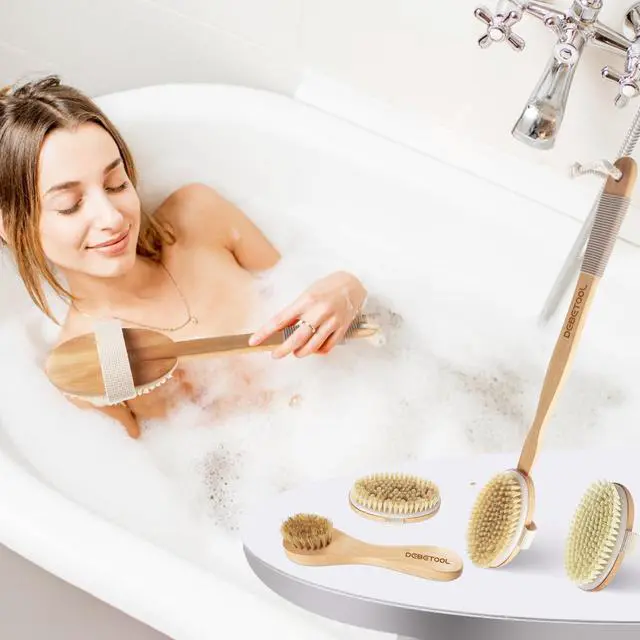 Alt view image 7 of 7 - Dry Brushing Set - Natural Boar Bristle Body & Face Brush, Wooden Long Handle Scrub Brush for Cellulite & Lymphatic Drainage Body Care, Detachable, 3 Brush Heads