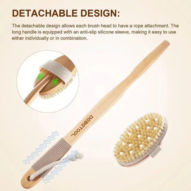 Alt view image 5 of 7 - Dry Brushing Set - Natural Boar Bristle Body & Face Brush, Wooden Long Handle Scrub Brush for Cellulite & Lymphatic Drainage Body Care, Detachable, 3 Brush Heads
