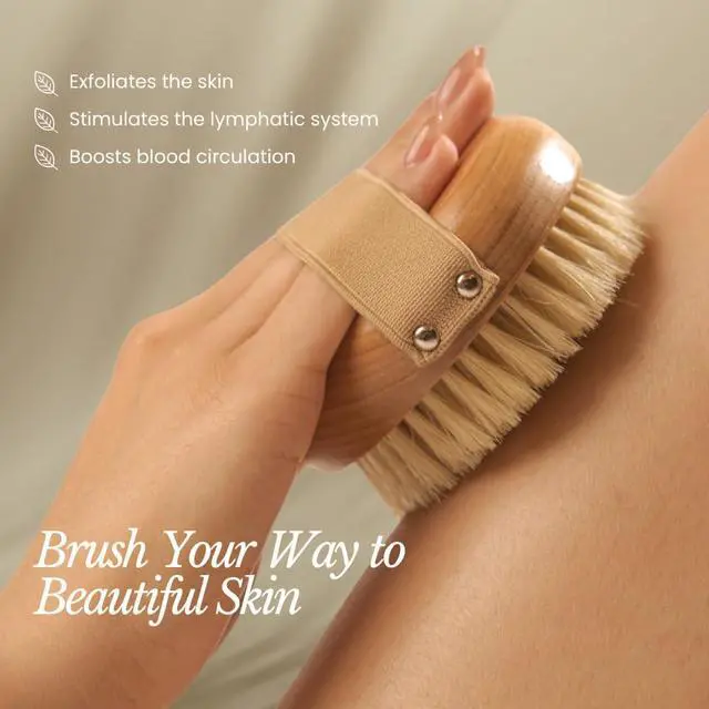 Alt view image 2 of 7 - Dry Body Brush for Lymphatic Drainage - Improve Circulation w/Gentle Exfoliation for Soft Skin - Ergonomically Designed w/Elastic Strap - Soft but Firm Natural Boar Bristles