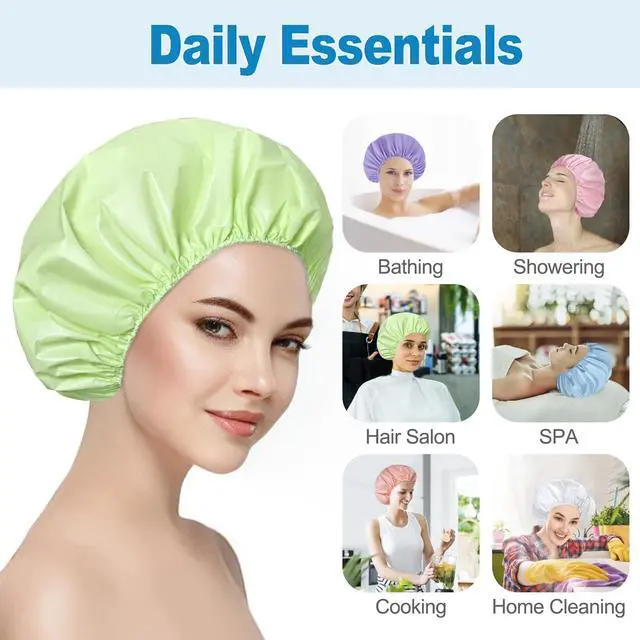 Alt view image 2 of 6 - 6 PCS Shower Caps for Women, Double Side Waterproof Shower Cap, PEVA Bath Caps for Shower, Bathing Shower Caps - Candy Color