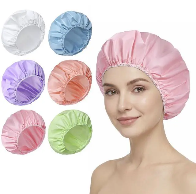 Main image of 6 PCS Shower Caps for Women, Double Side Waterproof Shower Cap, PEVA Bath Caps for Shower, Bathing Shower Caps - Candy Color
