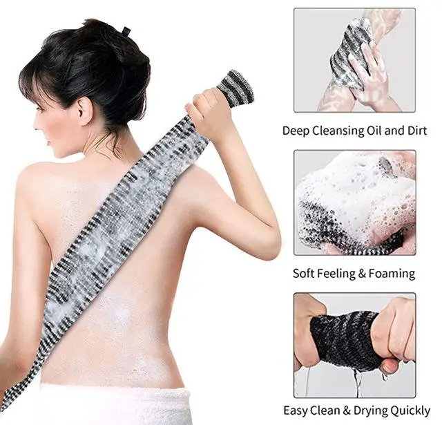 Alt view image 3 of 7 - Exfoliating Body Scrubber, Back Scrubber for Shower Bath, Japanese Scrub Wash Cloth, Exfoliating Washcloth Towel for Men Women, Body Exfoliator Loofah Luffa Sponge Net Rag Back Washer (Black)