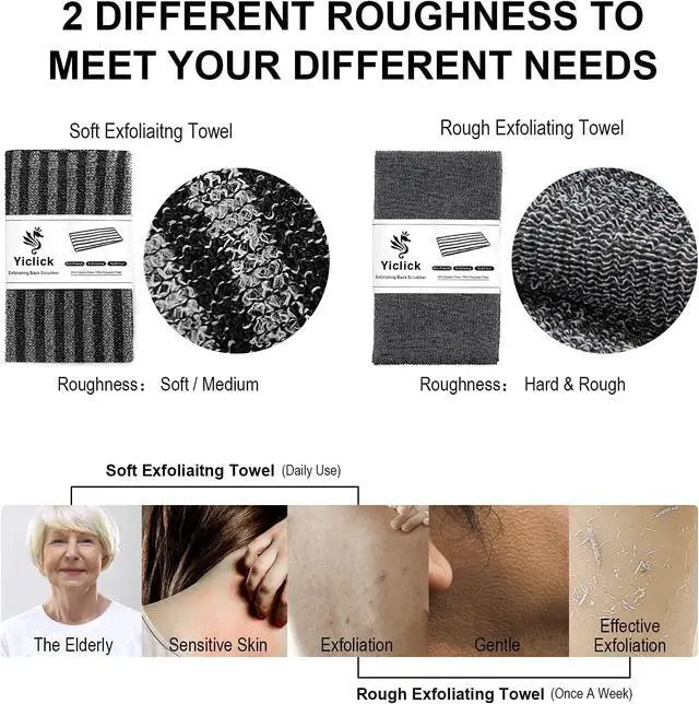 Alt view image 4 of 7 - Exfoliating Body Scrubber, Back Scrubber for Shower Bath, Japanese Scrub Wash Cloth, Exfoliating Washcloth Towel for Men Women, Body Exfoliator Loofah Luffa Sponge Net Rag Back Washer (Black)