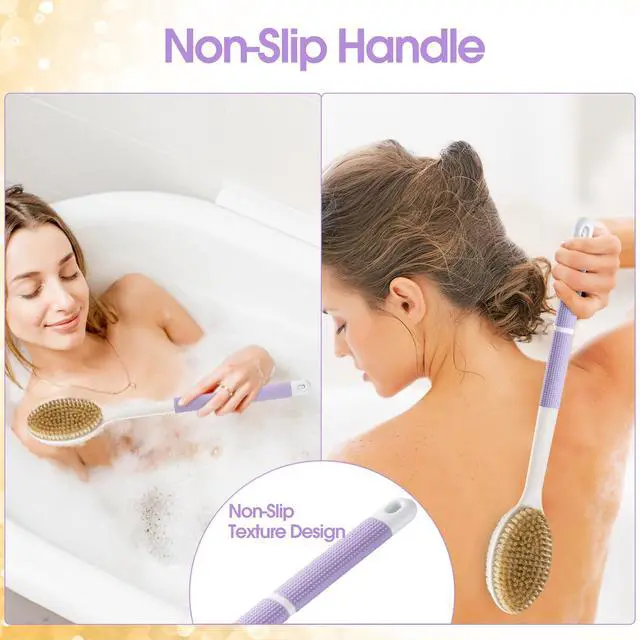 Alt view image 2 of 7 - Back Scrubber Anti Slip for Shower, Long Handle Bath Brush with Stiff and Soft Bristles for Exfoliation, Dual-Use Shower and Dry Body Brush(Purple)