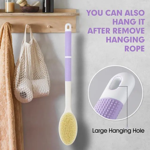 Alt view image 7 of 7 - Back Scrubber Anti Slip for Shower, Long Handle Bath Brush with Stiff and Soft Bristles for Exfoliation, Dual-Use Shower and Dry Body Brush(Purple)