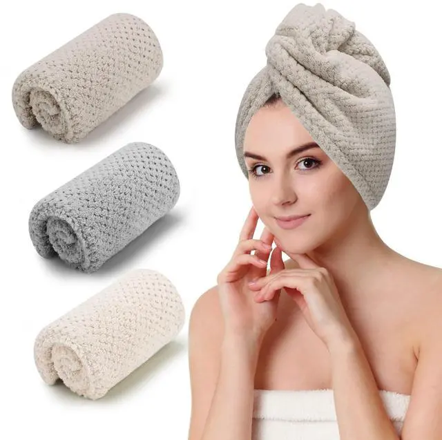 Main image of 3 PCS Microfiber Hair Towel - Wraps for Wet Hair, Anti Frizz Turbans, for Curly Hair (Beige, Khaki, Grey)