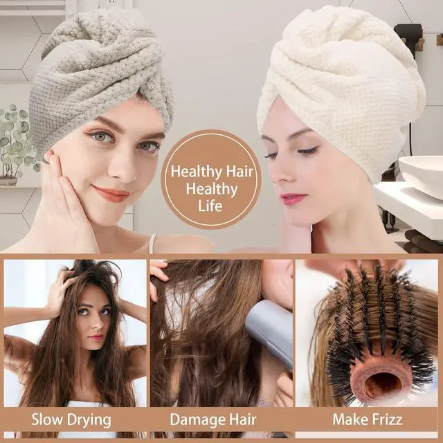 Alt view image 2 of 6 - 3 PCS Microfiber Hair Towel - Wraps for Wet Hair, Anti Frizz Turbans, for Curly Hair (Beige, Khaki, Grey)
