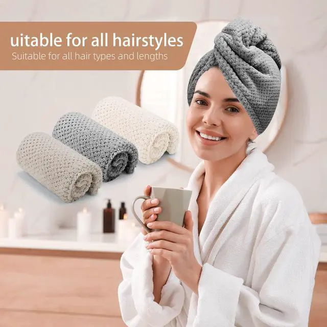 Alt view image 6 of 6 - 3 PCS Microfiber Hair Towel - Wraps for Wet Hair, Anti Frizz Turbans, for Curly Hair (Beige, Khaki, Grey)
