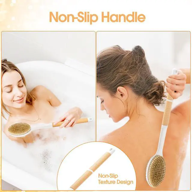 Alt view image 2 of 7 - Body Scrubber Anti Slip for Shower, Shower Brush Long Handle with Stiff and Soft Bristles, Body Wash Exfoliating Back Scrubber for Bath or Dry Brushing Body Brush(Orange)