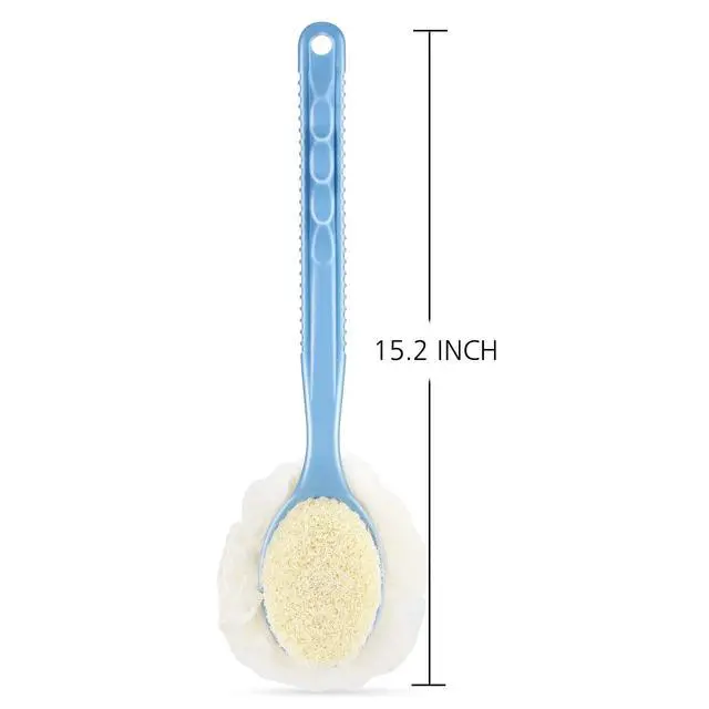 Alt view image 5 of 6 - Shower Body Brush with Bristles and Loofah,Back Scrubber Bath Mesh Sponge with Curved Long Handle for Skin Exfoliating Bath, Massage Bristles Suitable for Wet or Dry, Men and Women (Blue)