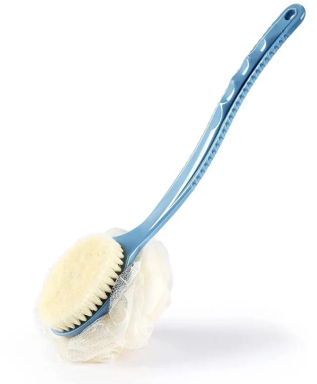 Main image of Shower Body Brush with Bristles and Loofah,Back Scrubber Bath Mesh Sponge with Curved Long Handle for Skin Exfoliating Bath, Massage Bristles Suitable for Wet or Dry, Men and Women (Blue)