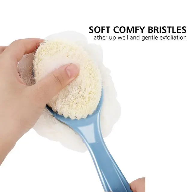 Alt view image 2 of 6 - Shower Body Brush with Bristles and Loofah,Back Scrubber Bath Mesh Sponge with Curved Long Handle for Skin Exfoliating Bath, Massage Bristles Suitable for Wet or Dry, Men and Women (Blue)