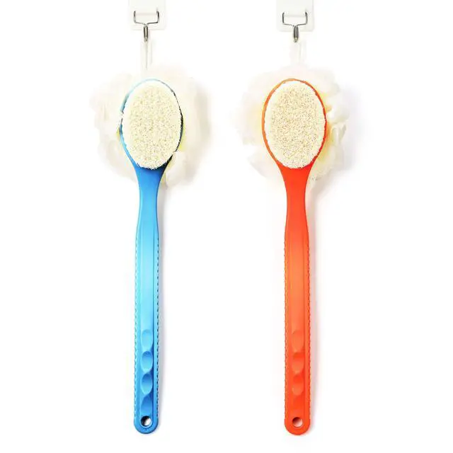 Alt view image 6 of 6 - Shower Body Brush with Bristles and Loofah,Back Scrubber Bath Mesh Sponge with Curved Long Handle for Skin Exfoliating Bath, Massage Bristles Suitable for Wet or Dry, Men and Women (Blue)