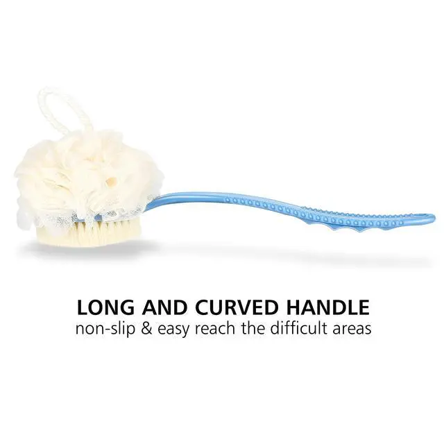 Alt view image 4 of 6 - Shower Body Brush with Bristles and Loofah,Back Scrubber Bath Mesh Sponge with Curved Long Handle for Skin Exfoliating Bath, Massage Bristles Suitable for Wet or Dry, Men and Women (Blue)