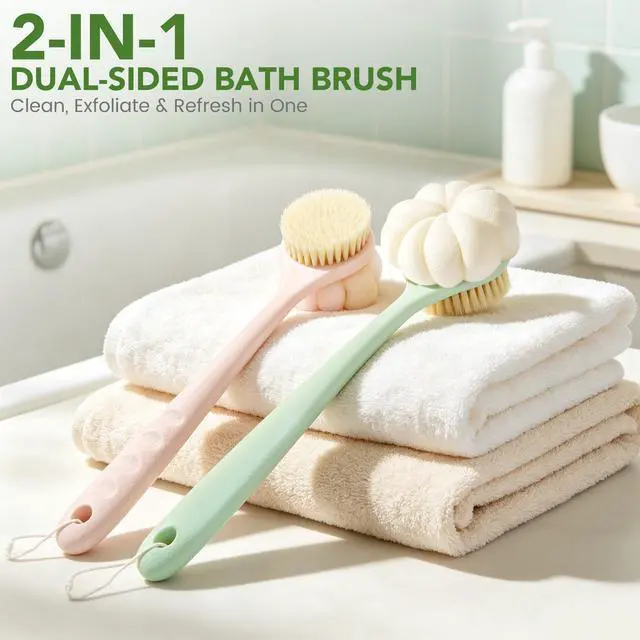 Alt view image 5 of 7 - Back Scrubber for Shower, 15.7" Loofah with Handle, Back Shower Brush with Bristles and Loofah, Dry Brushing Body Brush for Cleanse Back and Hard to Reach Areas with Curved Long Handle