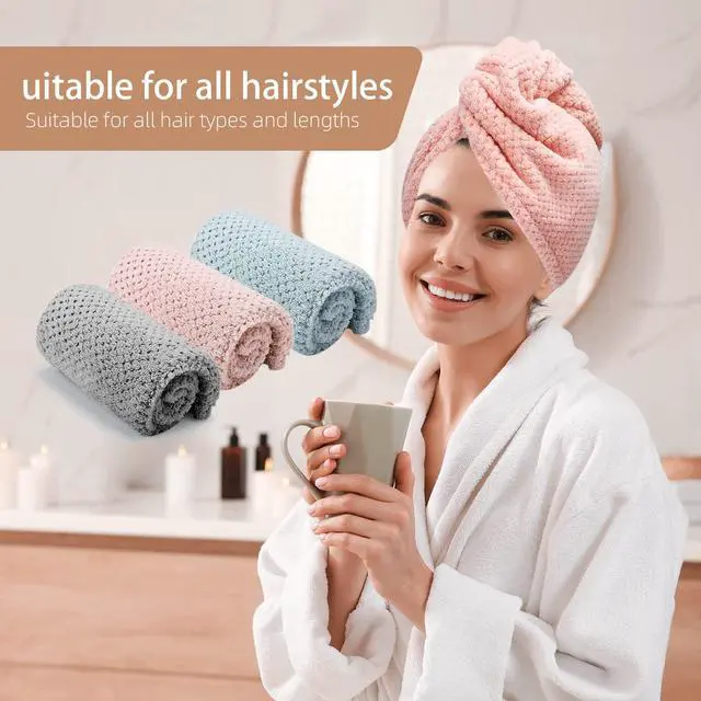 Alt view image 6 of 6 - 3 PCS Microfiber Hair Towel, Hair Wraps for Women Wet Hair, Fast Drying Hair Turban, Anti Frizz Head Towels Wrap for Curly Hair (Grey, Pink, Blue)