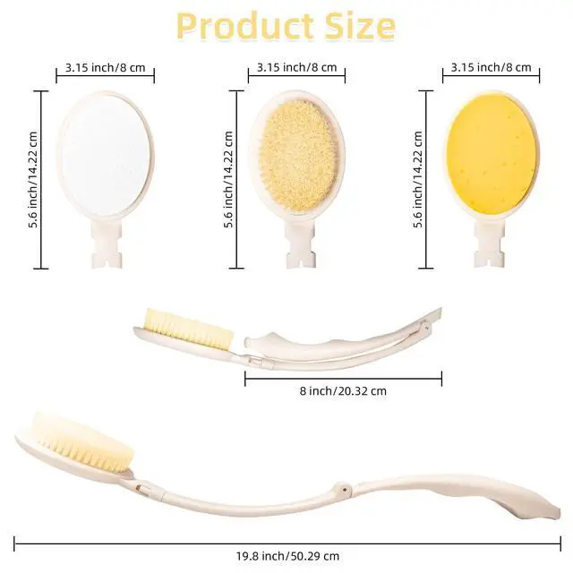 Alt view image 3 of 6 - 19" Long Handle Shower Sponge Brush Set, 3 in 1 Body Brush, Bath Sponge and Lotion Applicator Improved Skin Health, Suitable for Men and Women (White Brush-1P)