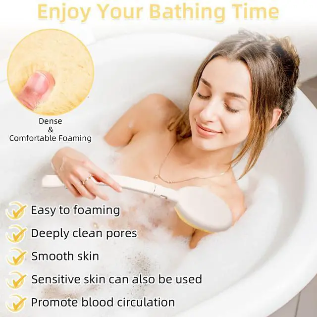 Alt view image 5 of 6 - 19" Long Handle Shower Sponge Brush Set, 3 in 1 Body Brush, Bath Sponge and Lotion Applicator Improved Skin Health, Suitable for Men and Women (White Brush-1P)