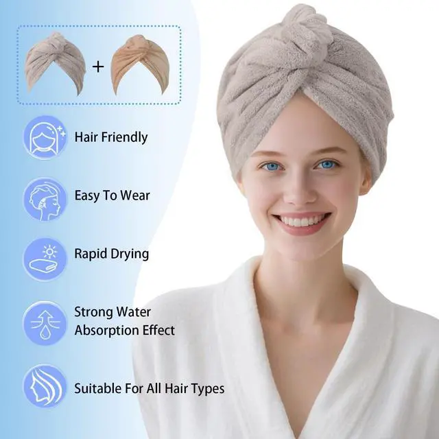 Alt view image 2 of 7 - 2 Packs Single Layer Microfiber Hair Drying Towel Wrap for Women, Hair Turbans Towel for Wet Hair,turbie Twist Hair Towels(Gray Color + Brown Color)
