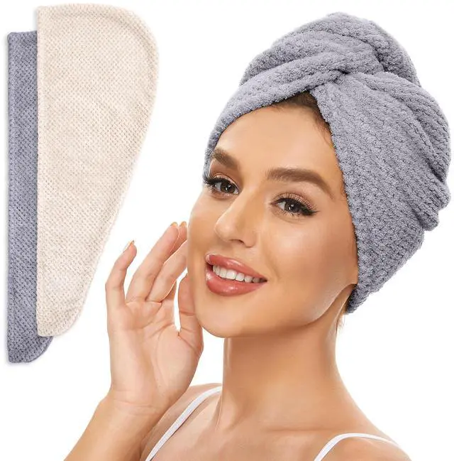 Main image of 2 Pack Microfiber Hair Towel Wrap for Women, Anti Frizz Quick Drying Hair Turban for All Hair Style, Absorbent and Lightweight (Beige + Grey)