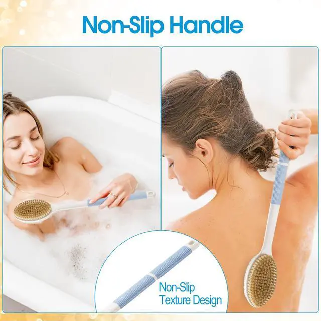 Alt view image 2 of 7 - Back Scrubber Anti Slip for Shower, Shower Brush Long Handle with Stiff and Soft Bristles, Body Exfoliator for Bath or Dry Brush(Blue)