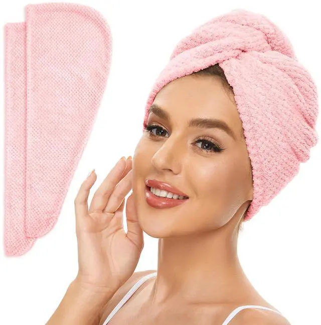 Main image of 2 Pack Microfiber Hair Towel Wrap for Women, Anti Frizz Quick Drying Hair Turban for All Hair Style, Absorbent and Lightweight (Pink)
