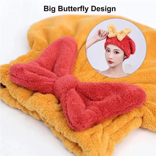 Alt view image 2 of 7 - 2Pcs Microfiber Hair Drying Towel Cap Ultra Absorbent Hair Towel Wrap Dry Turban for Women Cute Bow Soft Thick Fluffy Shower Cap for Girls Kids (Pink+Blue)