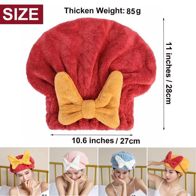 Alt view image 3 of 7 - 2Pcs Microfiber Hair Drying Towel Cap Ultra Absorbent Hair Towel Wrap Dry Turban for Women Cute Bow Soft Thick Fluffy Shower Cap for Girls Kids (Pink+Blue)