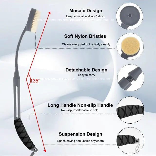 Alt view image 2 of 7 - Back Scrubber for Shower,20.5" Long Handle Shower Brush for Body for Deep Clean,Back Brush for Shower for Men Women(Grey)