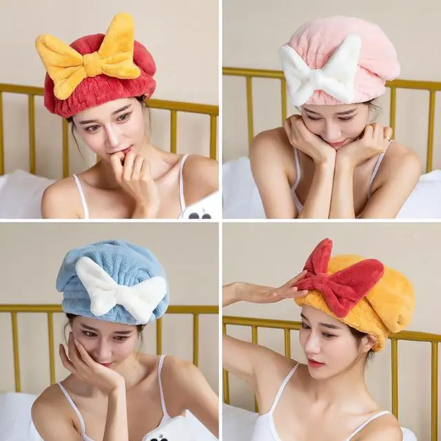 Alt view image 5 of 7 - 2Pcs Microfiber Hair Drying Towel Cap Ultra Absorbent Hair Towel Wrap Dry Turban for Women Cute Bow Soft Thick Fluffy Shower Cap for Girls Kids (Pink+Blue)