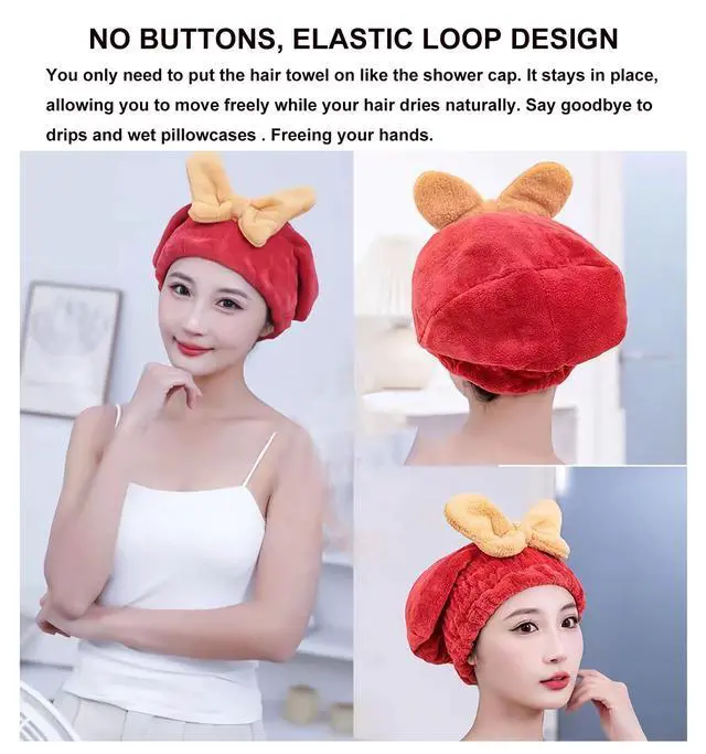 Alt view image 6 of 7 - 2Pcs Microfiber Hair Drying Towel Cap Ultra Absorbent Hair Towel Wrap Dry Turban for Women Cute Bow Soft Thick Fluffy Shower Cap for Girls Kids (Pink+Blue)