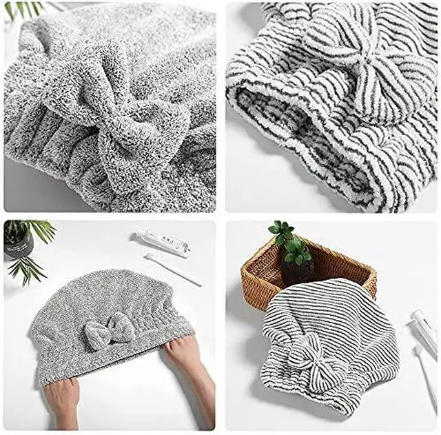 Alt view image 3 of 4 - Microfiber Hair Towel Wrap, Soft Absorbent & Quick Drying Cap Set for Curly Thick Hair, Women & Girls - 2 Pcs (Stripe & Gray)