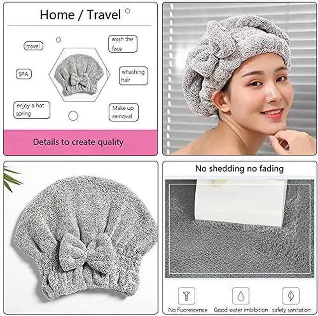 Alt view image 4 of 4 - Microfiber Hair Towel Wrap, Soft Absorbent & Quick Drying Cap Set for Curly Thick Hair, Women & Girls - 2 Pcs (Stripe & Gray)