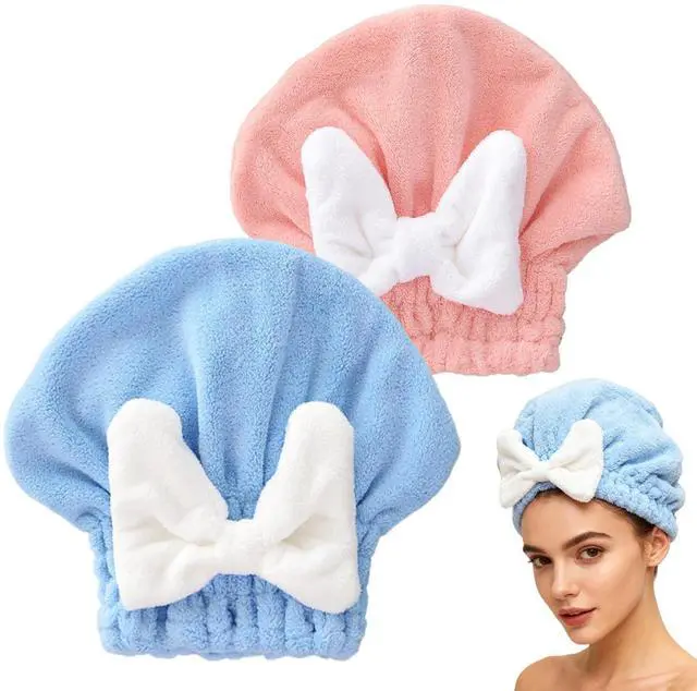 Main image of 2 Pack Ultra Absorbent Hair Quick Drying Towel for Women, New Microfiber Hair Towel Wrap Dry Turban, Soft Bow Tie Plopping Head Towels Shower Cap for All Hair Style (Blue and Pink)