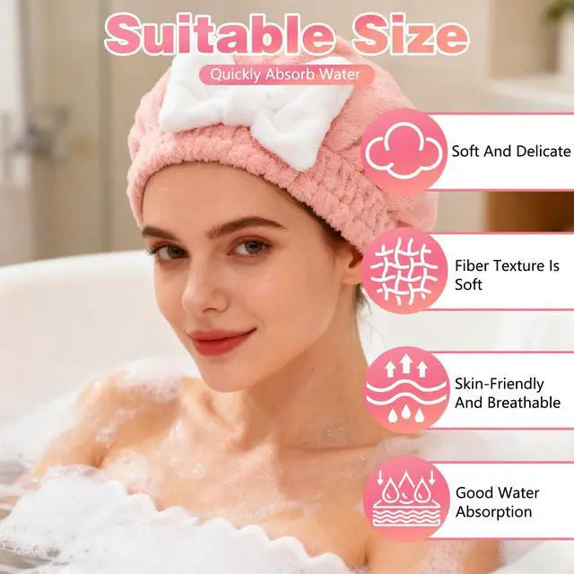 Alt view image 3 of 7 - 2 Pack Ultra Absorbent Hair Quick Drying Towel for Women, New Microfiber Hair Towel Wrap Dry Turban, Soft Bow Tie Plopping Head Towels Shower Cap for All Hair Style (Blue and Pink)