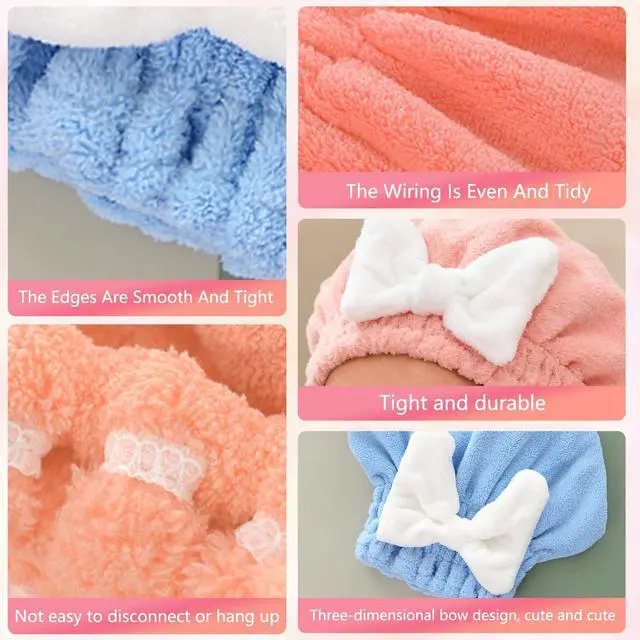 Alt view image 4 of 7 - 2 Pack Ultra Absorbent Hair Quick Drying Towel for Women, New Microfiber Hair Towel Wrap Dry Turban, Soft Bow Tie Plopping Head Towels Shower Cap for All Hair Style (Blue and Pink)