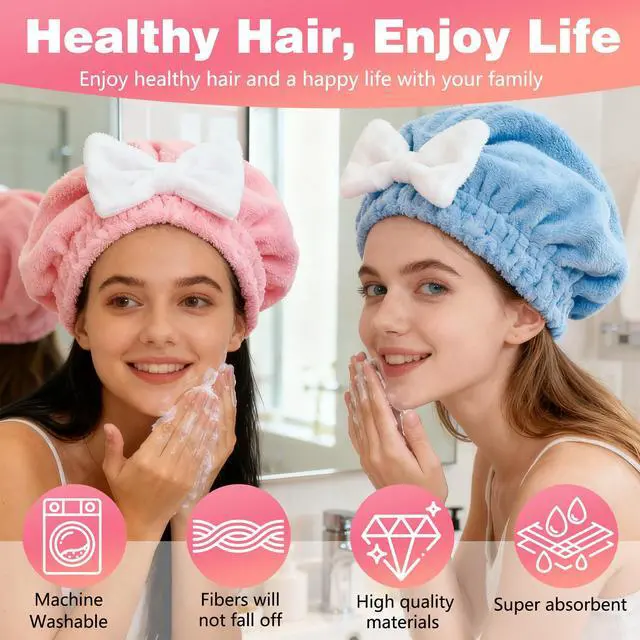 Alt view image 5 of 7 - 2 Pack Ultra Absorbent Hair Quick Drying Towel for Women, New Microfiber Hair Towel Wrap Dry Turban, Soft Bow Tie Plopping Head Towels Shower Cap for All Hair Style (Blue and Pink)