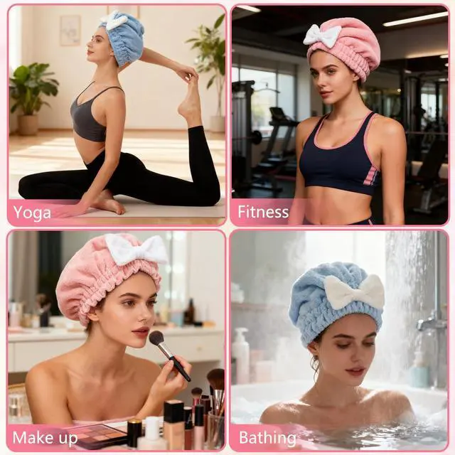 Alt view image 7 of 7 - 2 Pack Ultra Absorbent Hair Quick Drying Towel for Women, New Microfiber Hair Towel Wrap Dry Turban, Soft Bow Tie Plopping Head Towels Shower Cap for All Hair Style (Blue and Pink)