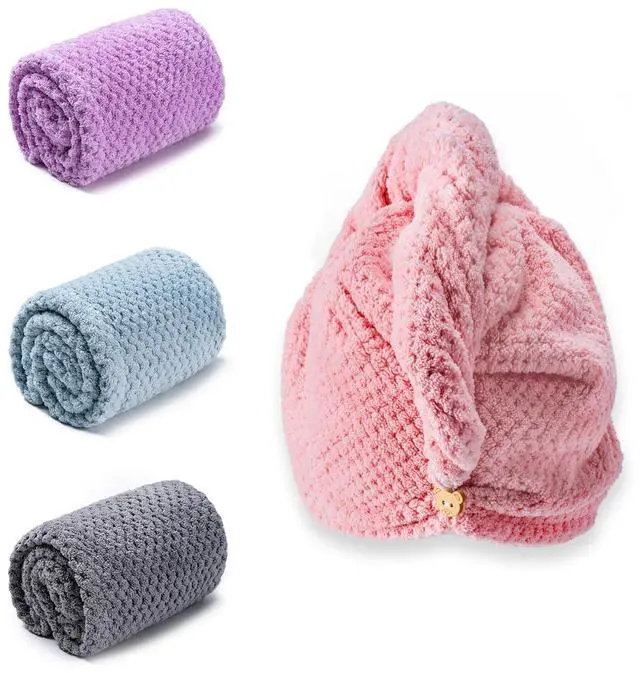 Main image of Hair Towel Wrap, 4 Packs 9.8 x 25.6 Inch Towel Turbans for Wet Hair, Dry Hair Towel, Headbands for Curly and Long Hair - Bathroom Must-Have for Ladies