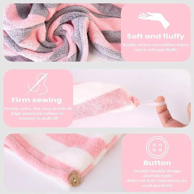 Alt view image 3 of 7 - 3 Pack Microfiber Hair Towel Wrap for Women, Fast Drying Hair Turban with Button, Anti-Frizz Large Hair Towel for All Hair Styles, Soft & Absorbent Hair Drying Towel