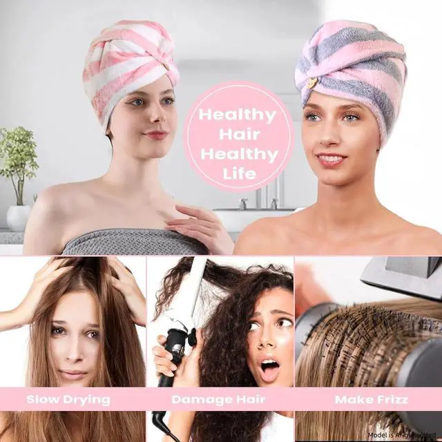 Alt view image 6 of 7 - 3 Pack Microfiber Hair Towel Wrap for Women, Fast Drying Hair Turban with Button, Anti-Frizz Large Hair Towel for All Hair Styles, Soft & Absorbent Hair Drying Towel