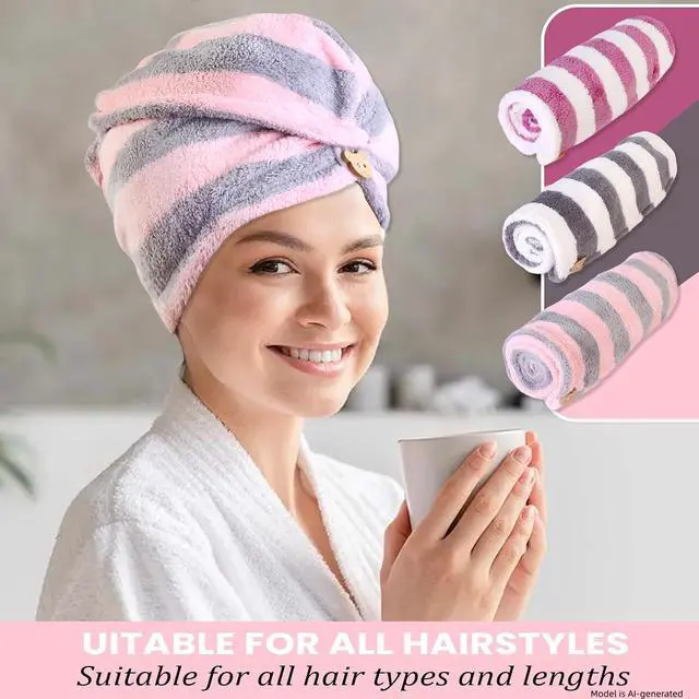 Alt view image 7 of 7 - 3 Pack Microfiber Hair Towel Wrap for Women, Fast Drying Hair Turban with Button, Anti-Frizz Large Hair Towel for All Hair Styles, Soft & Absorbent Hair Drying Towel