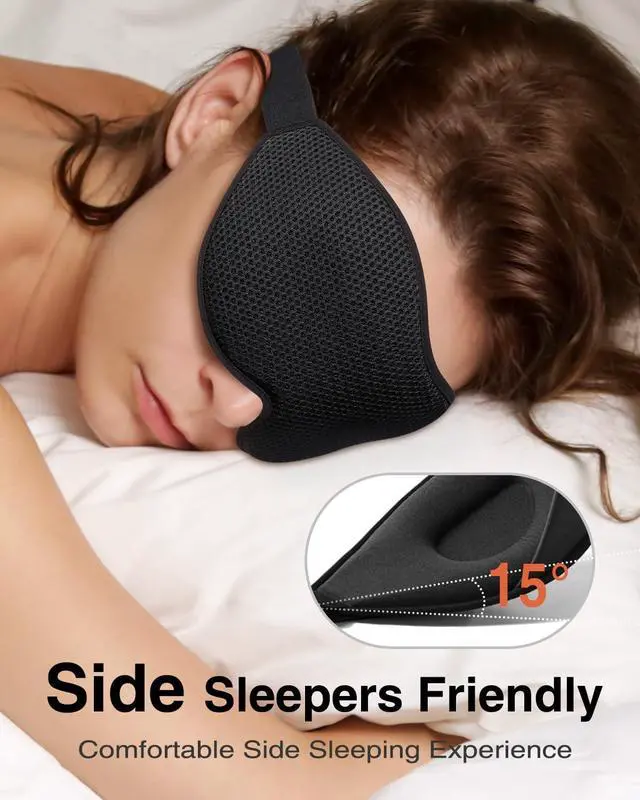 Alt view image 2 of 7 - Sleep Mask for Side Sleeper, Eye Mask for Sleeping Women Men, 3D Contoured Cup No Eye Pressure 100% Light Blocking Sleeping Mask with Adjustable Strap Night Blindfold Flight, Travel, Nap, Black